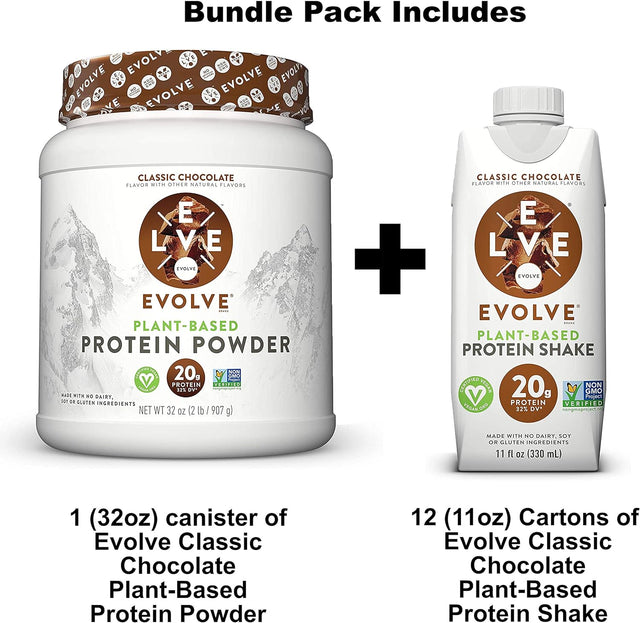 Evolve Plant-Based 20G Protein Shake and Powder Bundle Pack, Classic Chocolate, 11Oz Cartons (12 Pack) & 2Lb Canister