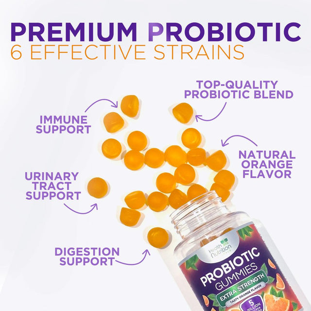 Daily Probiotic Gummy for Women & Men'S Digestive Health, Extra Strength 5 Billion CFU, Acidophilus Probiotics Supplement Vaginal & Urinary Health Support, Vegan, Non-Gmo, Orange Flavor - 60 Gummies