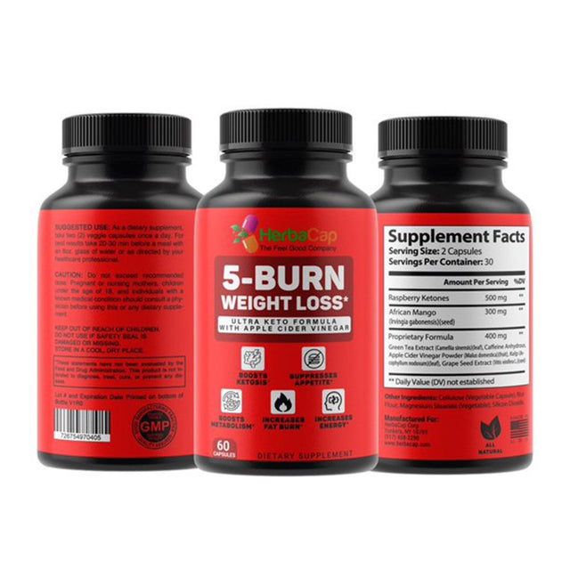 Herbacap 5-BURN Weight Loss Supplement with Unique Keto Formula (3 Pack), Burn Fat with Apple Cider Vinegar Capsules, Raspberry Ketones, Natural ACV Supplement for Appetite Control