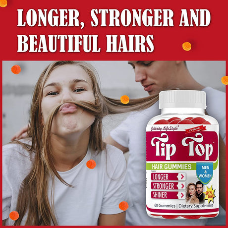 Tiptop Hair Vitamins Gummies with Biotin, Vitamin E & C Support Hair Growth Gummy, Premium Vegetarian Non-Gmo, for Stronger, Beautiful Hair, Skin & Nails 60 Ct