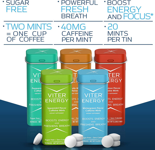 Viter Energy 40Mg Caffeine Mints, Sugar Free, B Vitamins, Vegan, Energy & Focus Nootropic Supplement (Variety Flavors, 20Pcs, 5 Pack, 120Pcs Total)