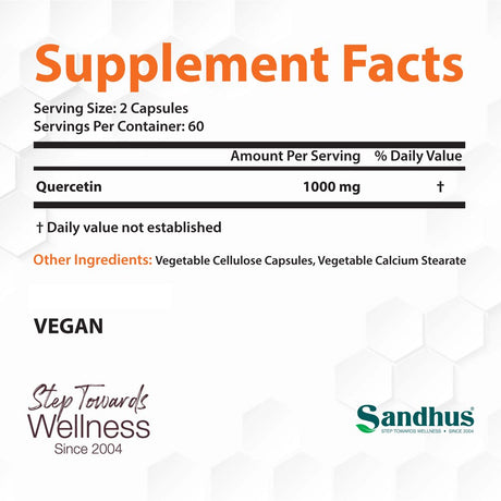 Sandhu'S Quercetin, Dietary Supplement for Respiratory Health, 1000Mg per Serving, 120 Veg Capsules