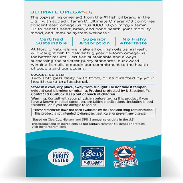 Nordic Naturals Ultimate Omega-D3, Lemon Flavor - 60 Soft Gels - 1280 Mg Omega-3 + 1000 IU Vitamin D3 - Omega-3 Fish Oil - EPA & DHA - Promotes Brain, Heart, Joint, & Immune Health - 30 Servings
