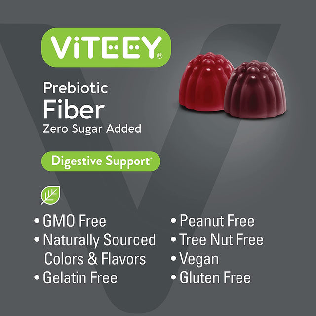 Viteey Fiber Prebiotic [Zero Sugar Added] Gummies - Digestive Heath Regularity Support, Natural Weight Support, Vegan Dietary Supplement, Good for Adults Teens & Kids - Fruit Flavored Pectin Gummy