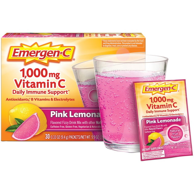 Emergen-C 1000Mg Vitamin C Powder, with Antioxidants, B Vitamins and Electrolytes for Immune Support, Caffeine Free Vitamin C Supplement Fizzy Drink Mix, Pink Lemonade Flavor - 30 Count/1 Month Supply