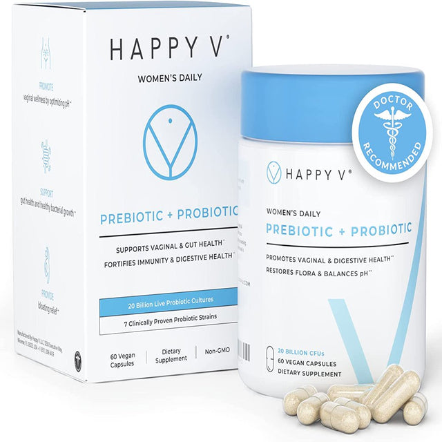 Happy V - Vaginal Probiotics for Women - Prebiotic Fiber & Vaginal Health Probiotics for Bacterial Vaginosis & Yeast Infection - Clinically Proven Safe & Effective Ph Balance for Women -30 D