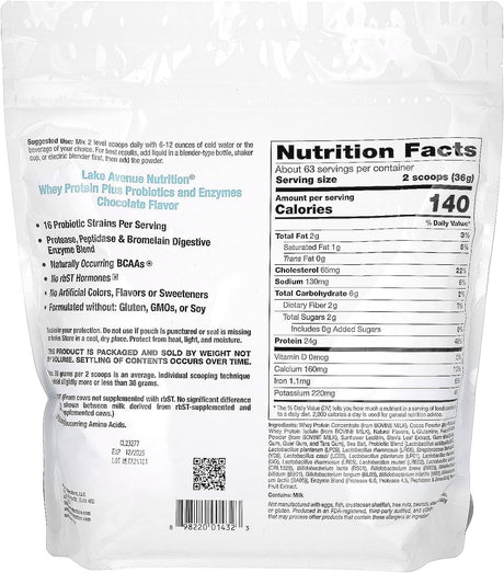 Lake Avenue Whey Protein + Probiotics, Chocolate, 5 Lb Pouch (2.27 Kg), Nutrition