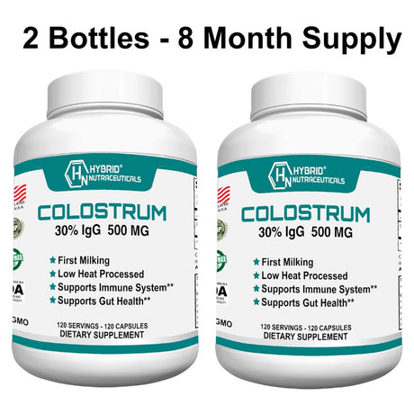 Hybrid Nutraceuticals Bovine Colostrum Supplement 500Mg - 30% Igg Lactoferrin Supplements, Immunoglobulin, Immune Support, Bone, Muscle & Gut Health (2-Pack)