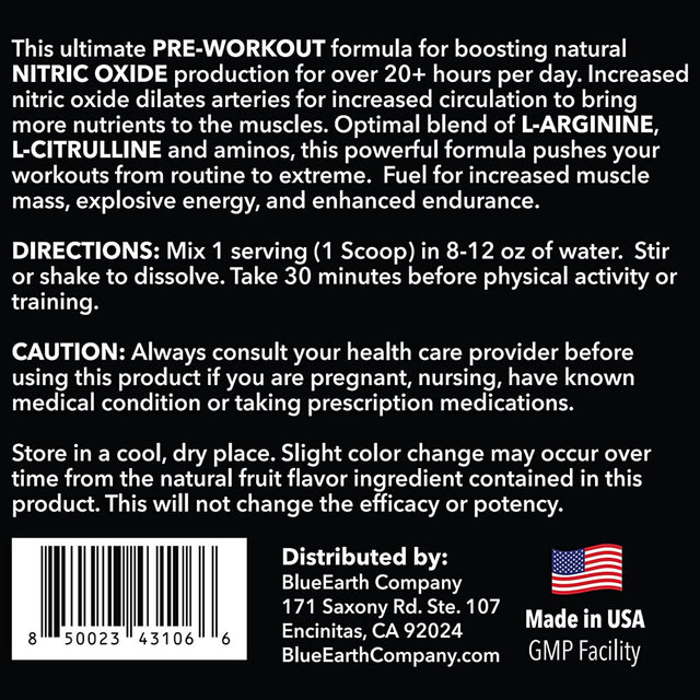 Blueearth Company Pre Workout Powder, Creatine, L-Arginine, L-Citrulline, Nitric Oxide, 30 Servings