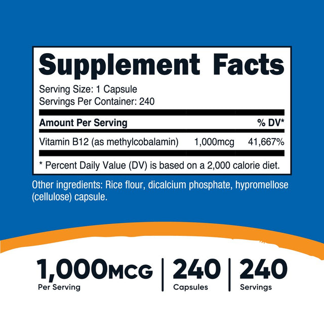 Nutricost Vitamin B12 (Methylcobalamin) 1000Mcg, 240 Capsules - Non-Gmo, Gluten Free