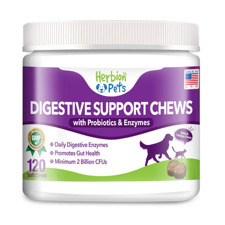 Herbion Pets Digestive Support Chews with Probiotics and Enzymes, 120 Soft Chews - with Daily Digestive Enzymes - for Improved Gut Health - Minimum 2 Billion Cfus - Made in USA - for Dogs 12 Weeks+