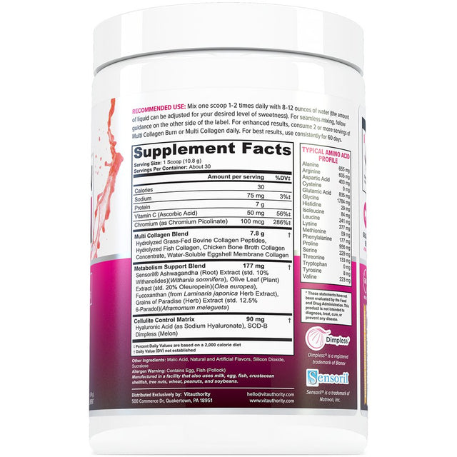 Collagen for Weight Loss Powder - Vitauthority Multi Collagen Burn with Hyaluronic Acid, Vitamin C, Proprietary Metabolism Support Blend & Cellulite Control Matrix - 30 Servings, Strawberry Lemonade