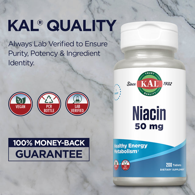 KAL Niacin 50Mg | One Daily | Healthy Metabolism, Skin, Nerves & Digestive Tract Support | Vegetarian | 200 Tablets