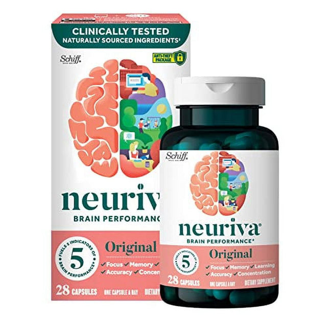 NEURIVA Original Brain Supplement for Memory, Focus & Concentration + Learning & Accuracy with Clinically Tested Nootropics Phosphatidylserine and Neurofactor, Caffeine Free, 28Ct Capsules