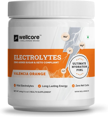 Wellcore - Electrolytes (200G), Orange |Electrolyte Drink with 5 Vital Electrolytes: Na, Mg, Ca, K, Po4 |Sugar Free Electrolyte Powder, Fat Fuel Powered for Sustained Energy|Keto Electrolyte