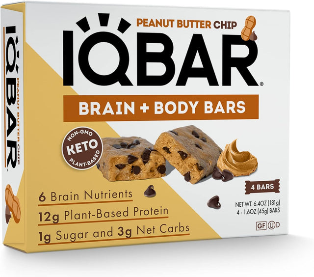 IQBAR Brain and Body Keto Protein Bars - Peanut Butter Chip Keto Bars - 4 Count Energy Bars - Low Carb Protein Bars - High Fiber Vegan Bars and Low Sugar Meal Replacement Bars - Vegan Snack