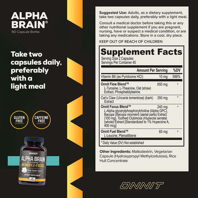 ONNIT Alpha Brain Premium Nootropic Brain Supplement, 90 Count, for Men & Women - Caffeine-Free Focus Capsules for Concentration, Brain & Memory Support - Brain Booster Cat'S Claw, Bacopa, Oat Straw