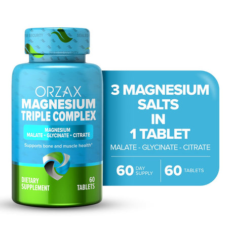 ORZAX Magnesium Complex, High Absorption, 200 Mg Triple Mag Glycinate, Malate & Citrate, Gluten & Dairy Free, 60 Tablets