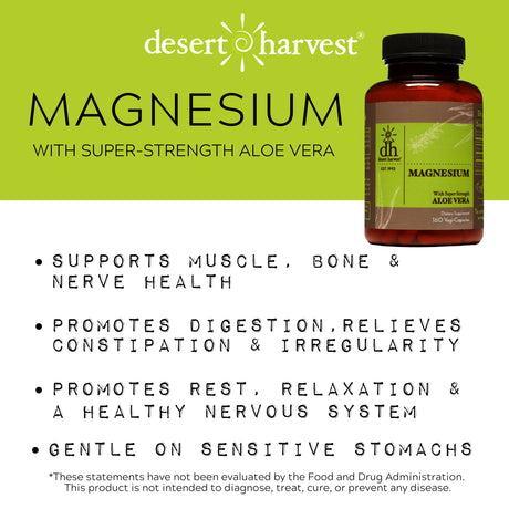 Desert Harvest Magnesium Oxide Supplement with Aloe Vera for Absorption, for Immune Support, Muscle Recovery, Digestion, Relaxation - 160 Capsules