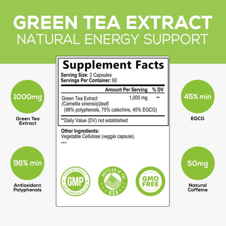 Green Tea Extract Capsules 1000Mg 98% Standardized EGCG - 3X Strength for Natural Energy - Heart Support with Polyphenols - Gentle Caffeine - 120 Capsules