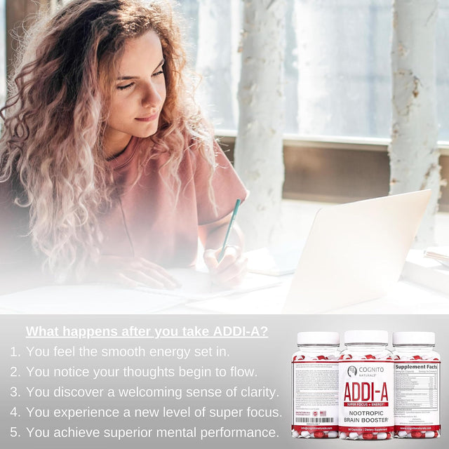 ADDI-A Super Focus + Energy, No.1 Natural Brain Booster for College Students & Professionals, Nootropics: L Tyrosine L Carnitine Citicoline Caffeine L Theanine Teacrine, Premium Nootropic [90Ct]