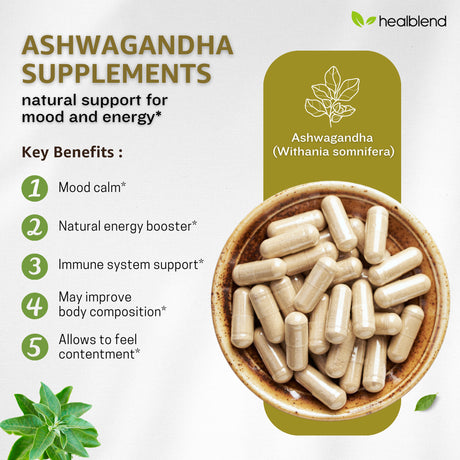 Healblend Organic Ashwagandha Supplement 1300Mg with Black Pepper Extract - Supports Stress Relief, Immune, Energy, Stamina & Mood, 100% Pure - 2-Pack