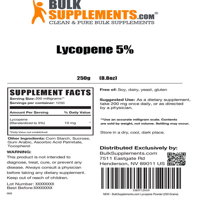 Bulksupplements.Com Lycopene Powder, 200Mg - Supports Oral & Vision Health (250G - 1250 Servings)