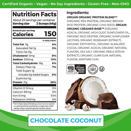 Orgain Organic Vegan Protein Powder, Chocolate Coconut - 21G of Plant Based Protein, Low Net Carbs, Non Dairy, Gluten Free, Lactose Free, No Sugar Added, Soy Free, Kosher, Non-Gmo, 2.03 Pound