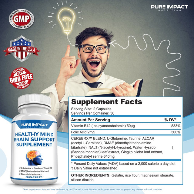 L Glutamine Capsules Brain Supplement | Memory Pills for Brain | Brain Booster Supplement for Focus Memory Clarity Energy | Vitamin B12 Supplement by Pure Impact Nutrition