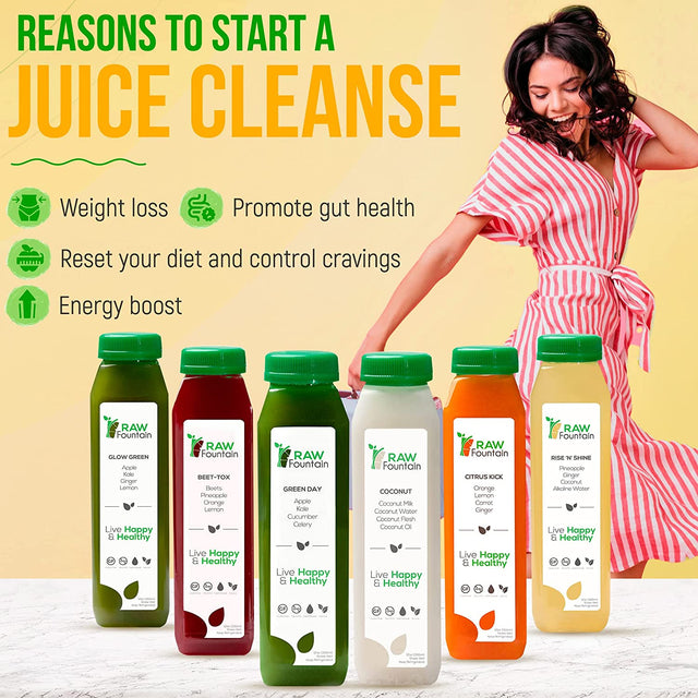 3 Day Juice Cleanse by Raw Fountain, All Natural Raw Detox Cleanse, Weight Management Program, Cold Pressed Fruit and Vegetable Juices, Tasty and Energizing, 18 Bottles 12Oz, 3 Ginger Shots