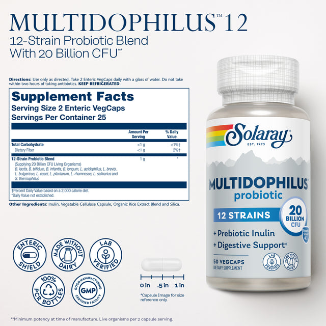 Solaray Multidophilus 12 Strain Probiotic | 20 Billion CFU | Healthy Gut Support | 25 Servings | 50 Enteric Vegcaps