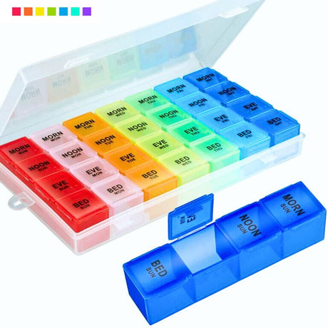 Pill Organizer 4 Times a Day,Weekly Pill Box Medicine Organizer Box 7 Days 28 Compartment to Hold Vitamins, Medication