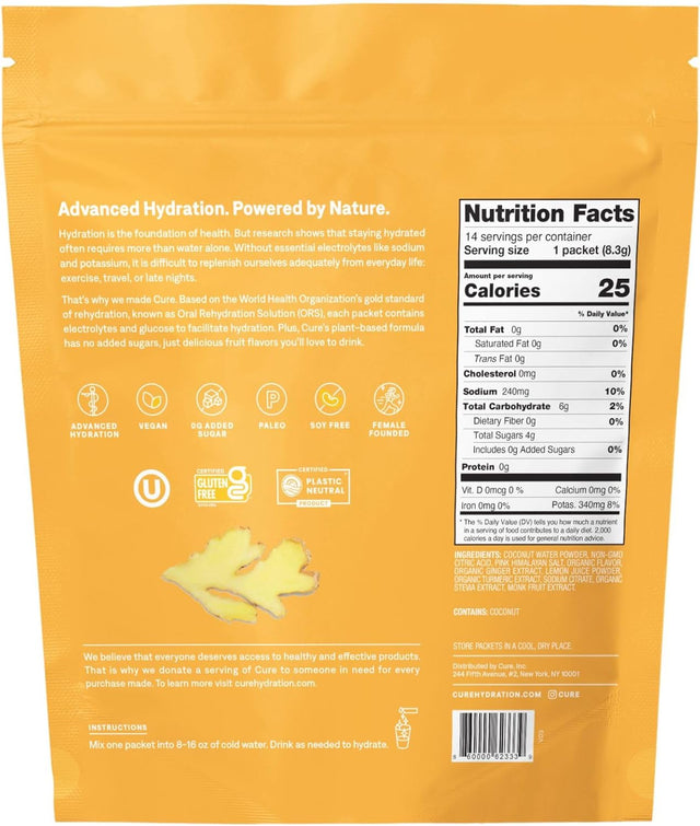 Cure Hydrating Electrolyte Mix | Powder for Dehydration Relief | FSA & HSA Eligible | Made with Coconut Water | No Added Sugar | Vegan | Paleo Friendly | Pouch of 14 Packets - Ginger Turmeric