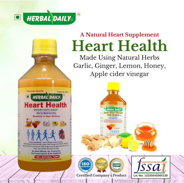 Heart Health 400 Ml Dietary Supplement - Supports Heart Wellness and Lowers Cholesterol - Apple Cider Vinegar (ACV), Garlic Juice, Ginger, Lemon, and Honey - 1 Bottle