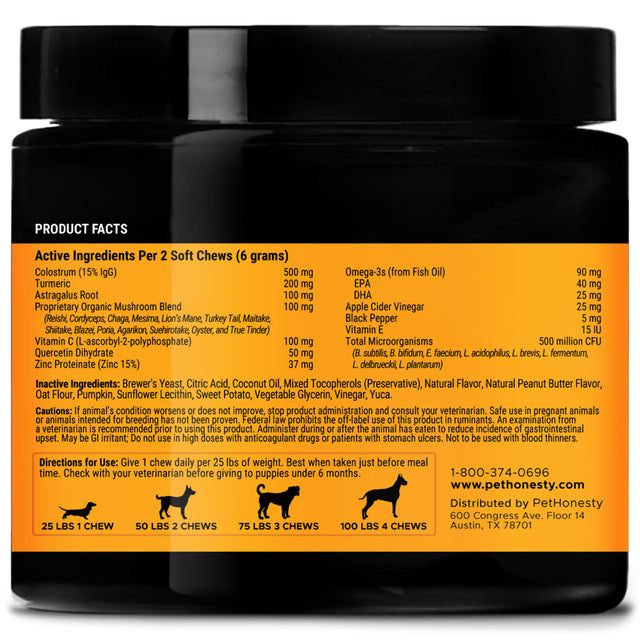 Pet Honesty Dog, Allergy Support Supplement W Probiotics Zinc and Colostrum, Peanut Butter Flavor, 90 Count Soft Chews