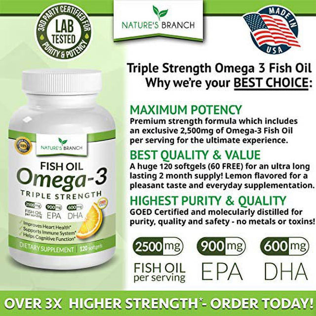 Best Triple Strength Omega 3 Fish Oil Pills 2400Mg , 120 Capsules , Burpless High Potency Lemon Flavor , 864Mg