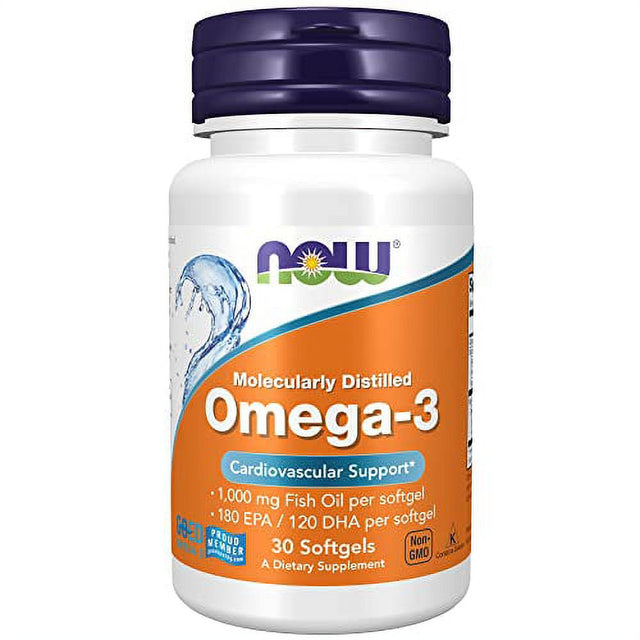 NOW Supplements, Omega-3 180 EPA / 120 DHA, Molecularly Distilled, Cardiovascular Support*, 30 Softgels