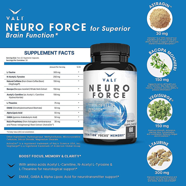 VALI Time Release Caffeine Neuro Force Bundle - Smart Slow Release Caffeine for Extended Energy, Focus & Alertness and Nootropic Brain Booster Supplement for Focus, Memory, Clarity & Energy