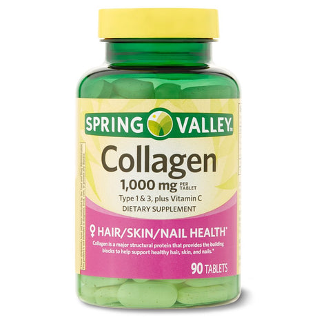 Spring Valley Collagen Type 1 & 3 plus Vitamin C Hair/Skin/Nails Health Dietary Supplement Tablets, 1,000 Mg, 90 Count