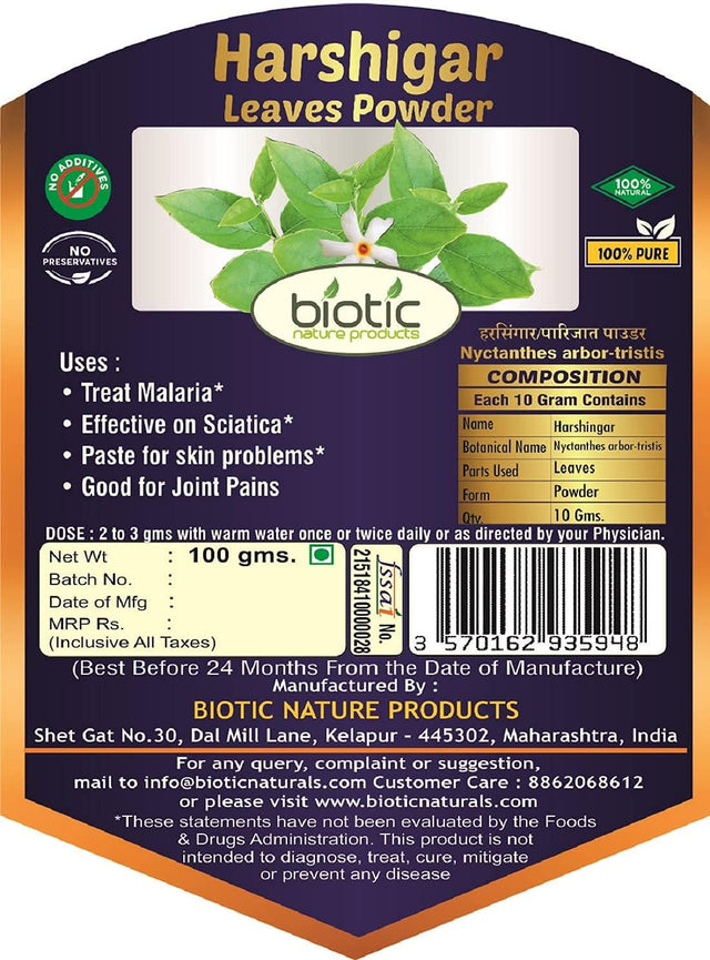 Biotic Harshingar Leaves Powder (Nyctanthes Arbor-Tristis) Parijat Leaves Powder -100Gms