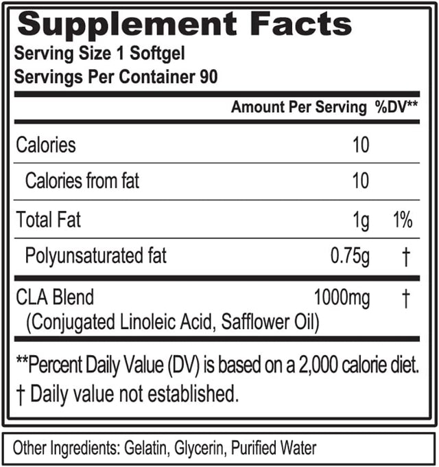 CLA1000 Conjugated Linoleic Acid, Soft Gel, Stimulant Free Weight Loss Supplement (90 Servings)