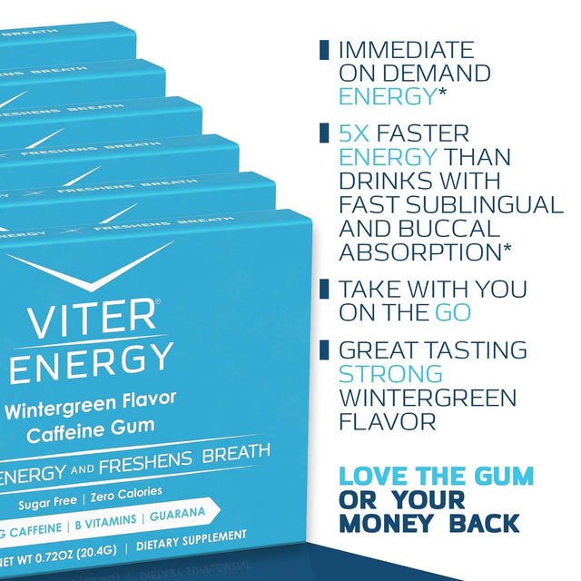 Viter Energy Caffeinated Gum 60Mg Caffeine, B Vitamins, Guarana, Sugar Free. (Wintergreen, 12Pcs, 6 Pack)