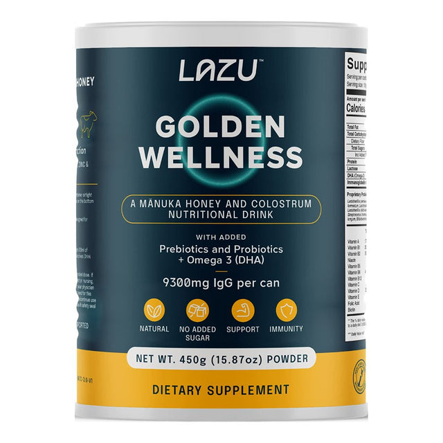 LAZU Golden Wellness Colostrum Supplement, Grass-Fed Bovine Colostrum Powder (310Mg Igg & Lactoferrin), New Zealand Manuka Honey, Vitamins, Promotes Gut Health & Athletic Performance - 450G