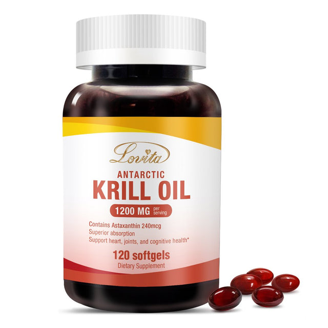 Lovita Krill Oil 1200Mg with Astaxanthin, EPA DHA Omega 3 Supplement, anti Inflammatory Supplement for Brain Booster, Joint Health and Cardiovascular Health, 120 Krill Oil Softgels