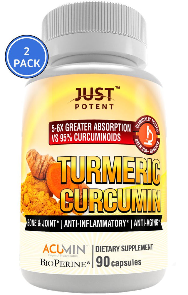 Just Potent Ultra-High Absorption Turmeric Curcumin with Bioperine | 3-Month Supply | Antioxidant + Bone and Joint Health | 90 Capsules | 2-Pack