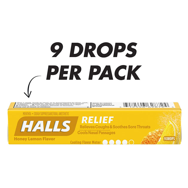 HALLS Relief Honey Lemon Cough Drops,20 Packs of 9 Drops (180 Total Drops)