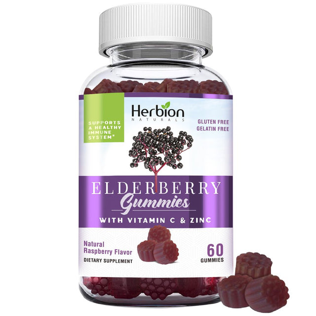 Herbion Elderberry Gummies with Vitamin C & Zinc - Healthy Immune System Support - Gluten-Free & Gelatin-Free - 60 Gummies for Adults & Children 4 Years & above - Made in USA.