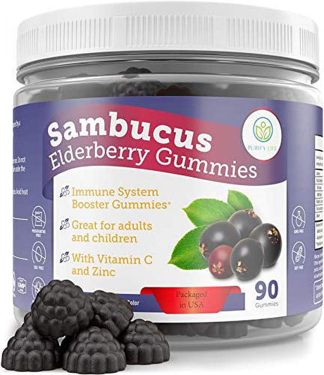 Elderberry Gummies for Kids and Adults - 260Mg Sambucus Zinc and Vitamin C (90 Gummies) Immune System Support Booster - Allergy Cold Relief - Chewable Supplement - No Capsules, Pills, Tablets or Syrup