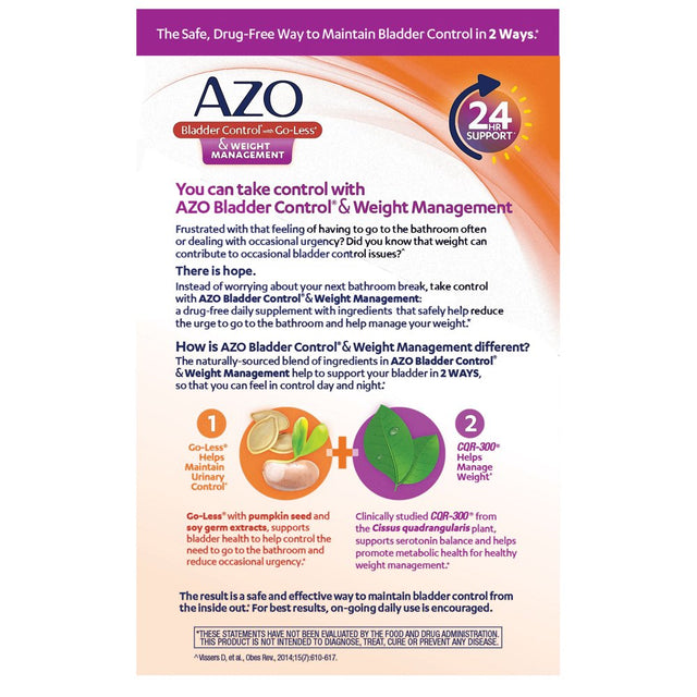 AZO Bladder Control and Weight Management Dietary Supplement, Reduces Occasional Urgency* and Promotes Healthy Metabolism*, 48 Capsules