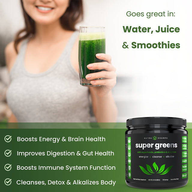 Nutrachamps Super Greens Powder Premium Vegan Superfood | 20+ Organic Green Veggie Whole Foods | Wheat Grass, Spirulina, Chlorella & More | Antioxidant, Digestive Enzyme & Probiotic Blends